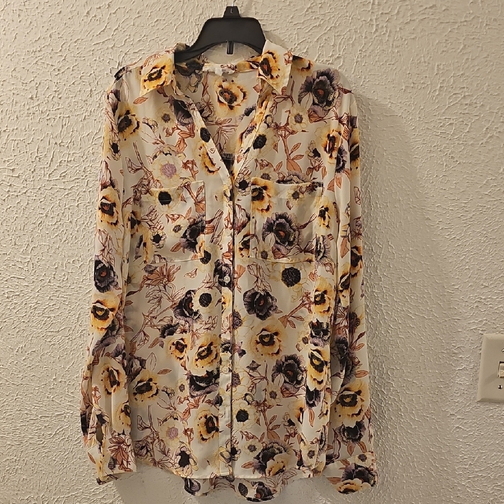 Maurices Cream with Floral Print Button-Up Blouse